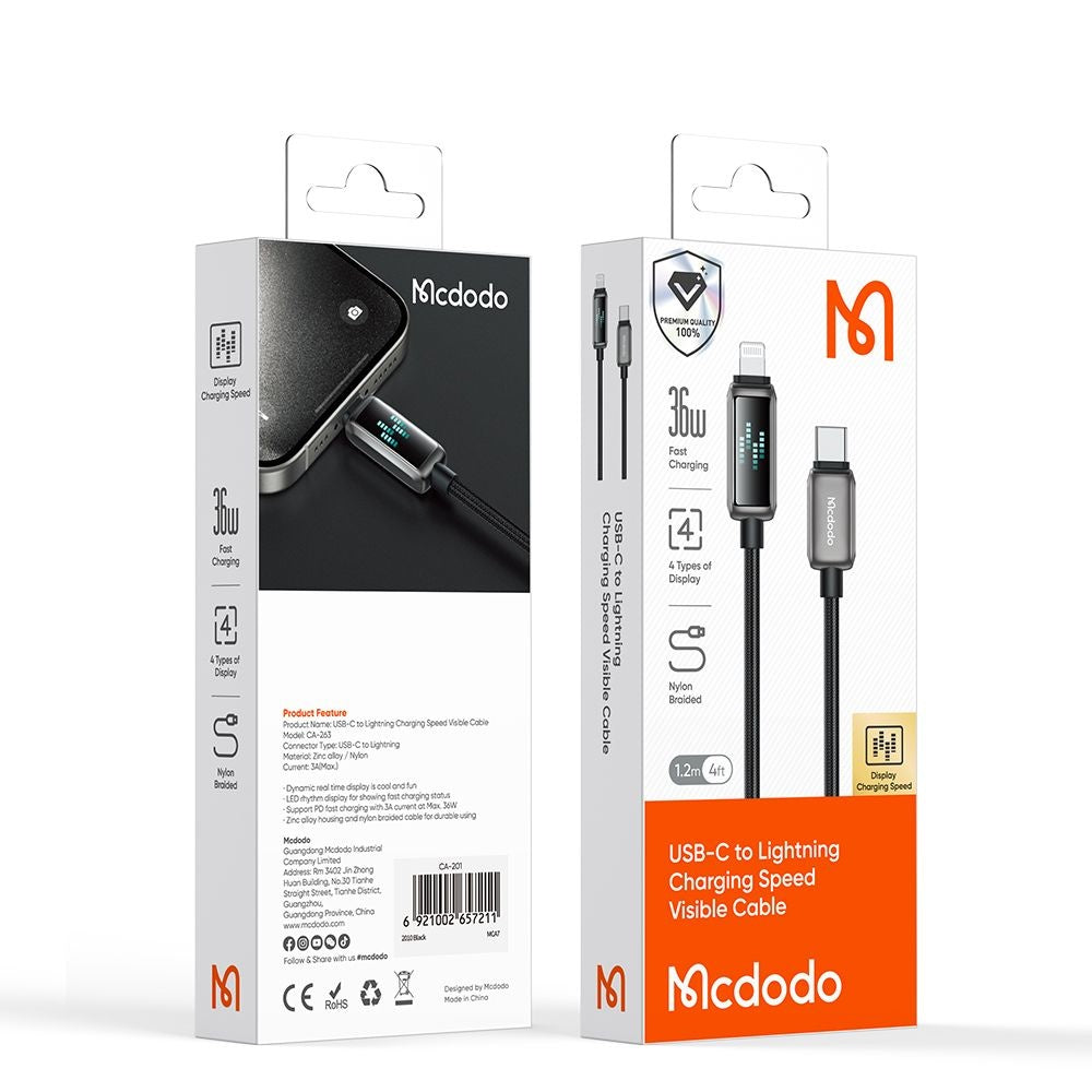USB-C - Lightning McDodo CA-2630 Display data- og ladekabel, 36W, 1.2m, Svart
