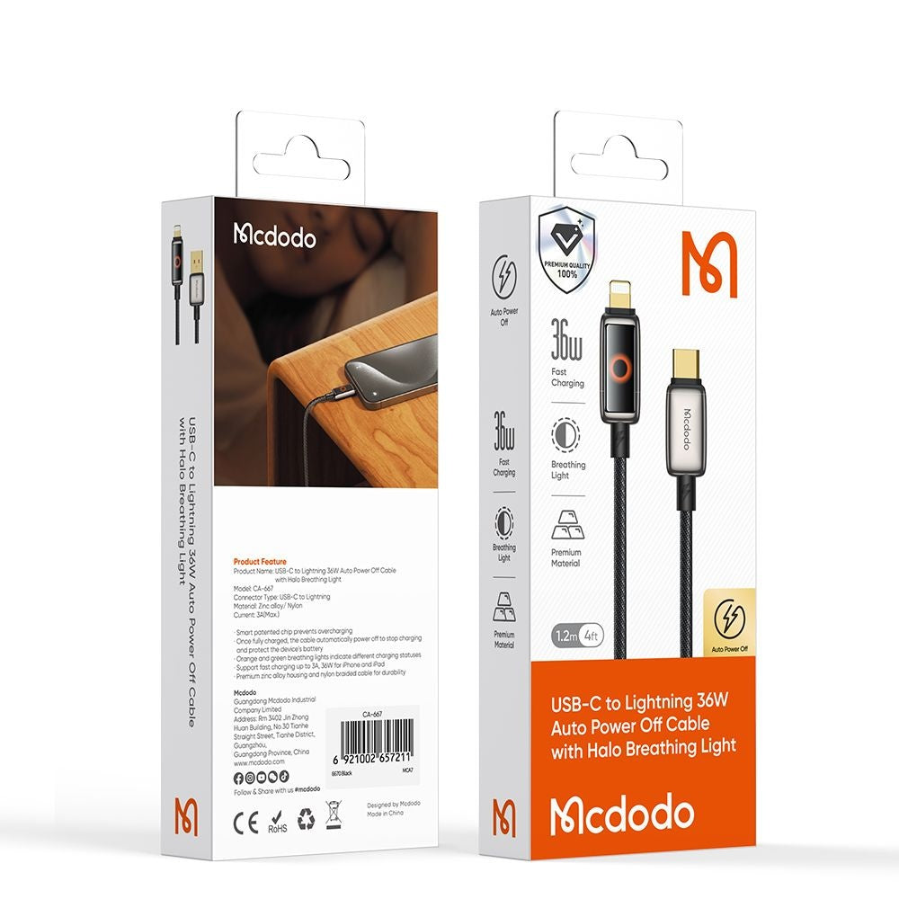 Data- og ladekabel USB-C - Lightning McDodo CA-6670 Auto Power Off, 36W, 1.2m, Svart