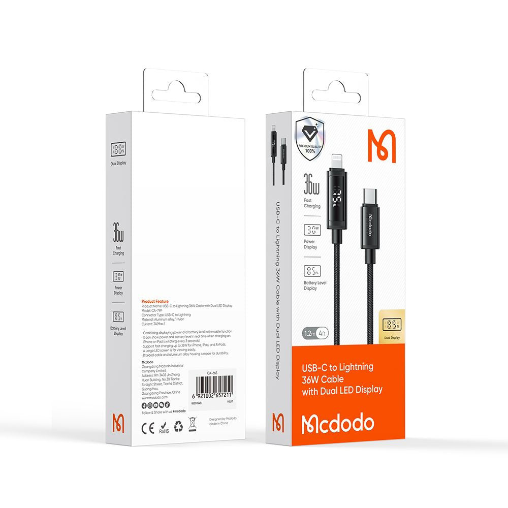 USB-C til Lightning McDodo CA-7990 Display data- og ladekabel, 36W, 1.2m, Svart