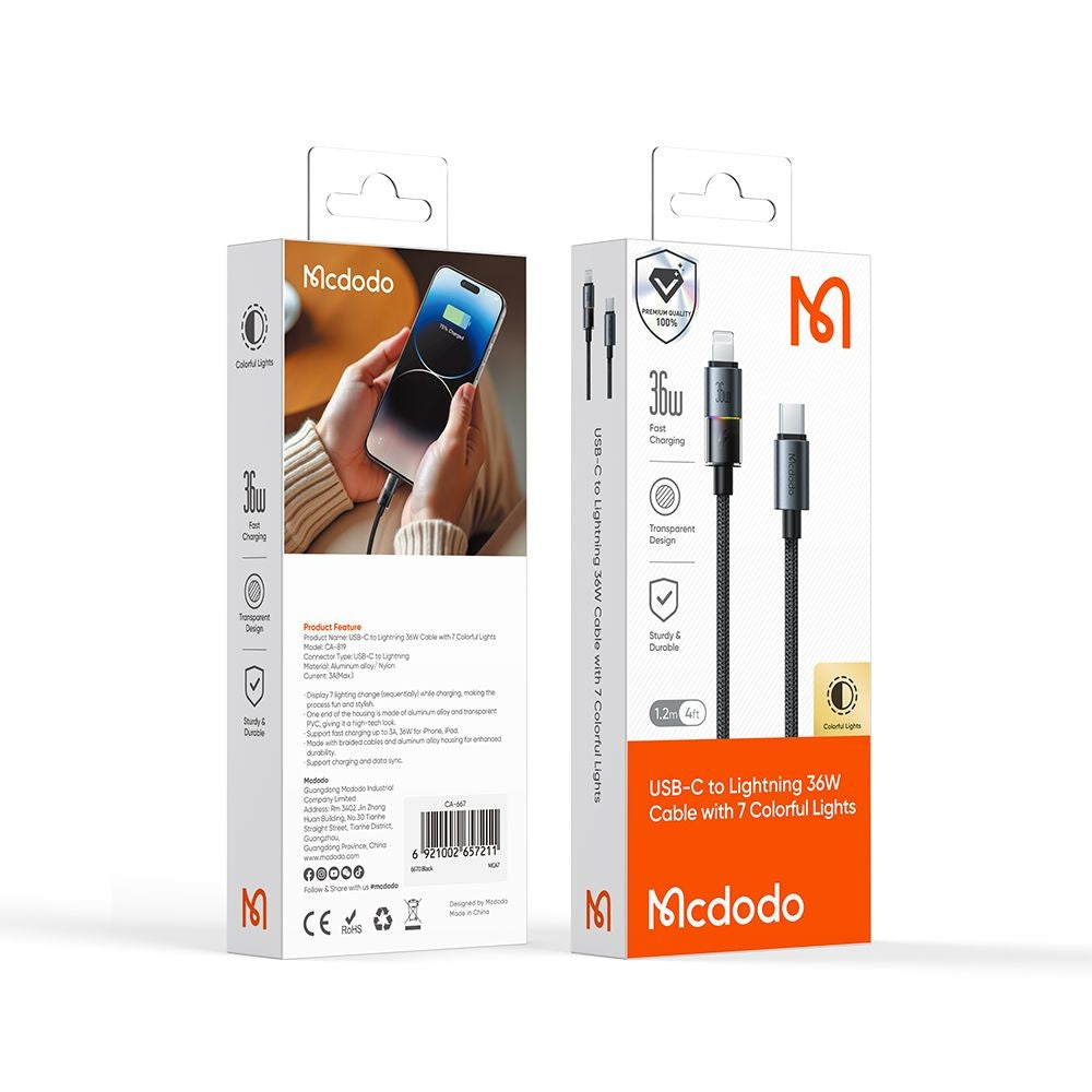 Data- og ladekabel USB-C - Lightning McDodo CA-8190 Colorful, 36W, 1.2m, Svart