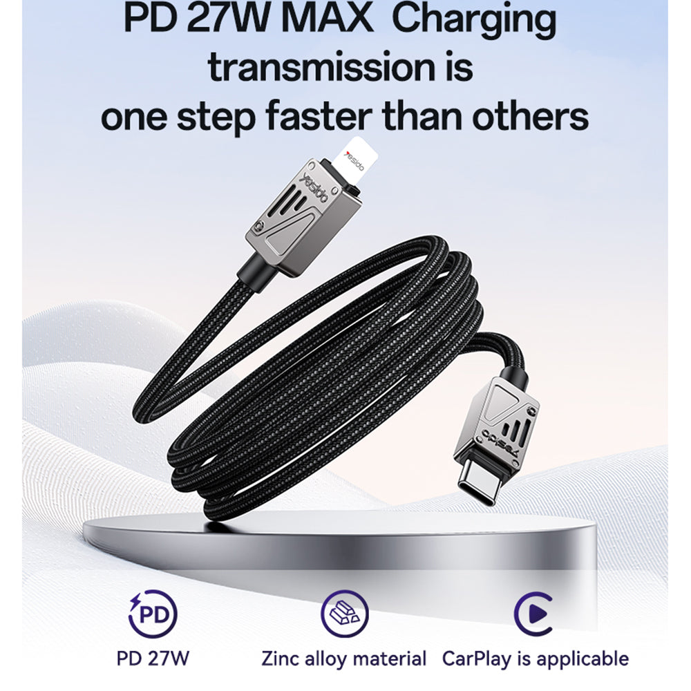 USB-C - Lightning lade- og datakabel Yesido CA195, 27W, 1.2m, Svart