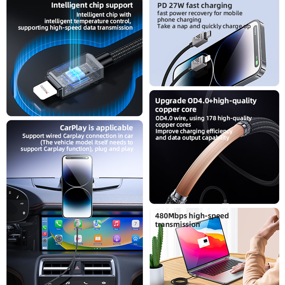 USB-C - Lightning lade- og datakabel Yesido CA195, 27W, 1.2m, Svart