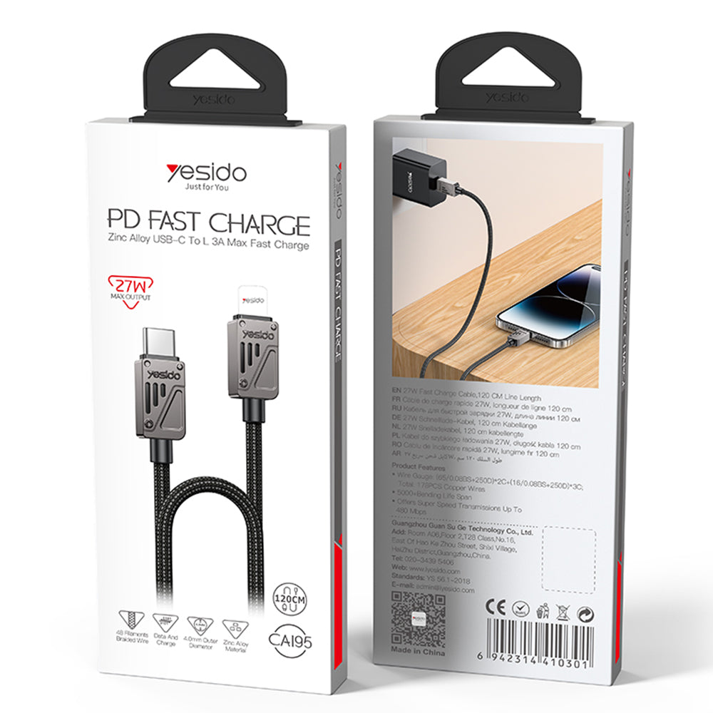 USB-C - Lightning lade- og datakabel Yesido CA195, 27W, 1.2m, Svart