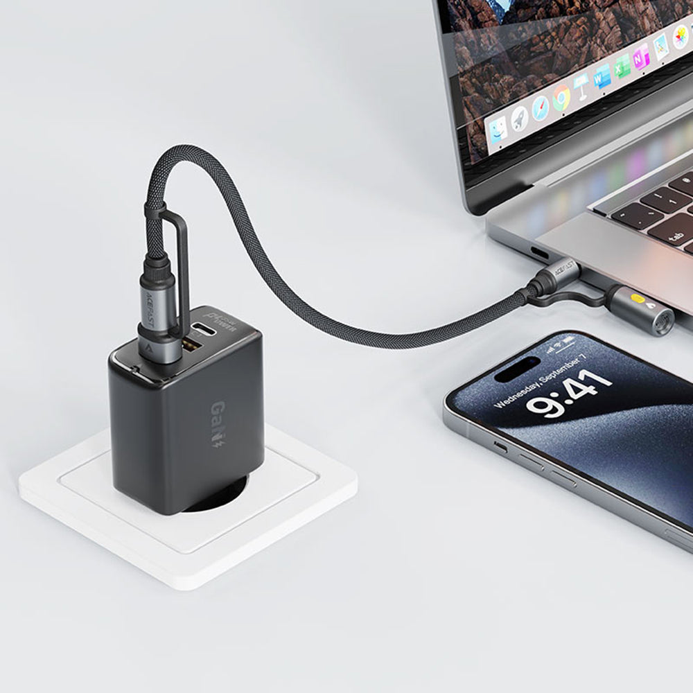 Data- og ladekabel USB-C / USB-A - USB-C / Elektrisk lighter Acefast J6, 60W, 1.2m, Svart