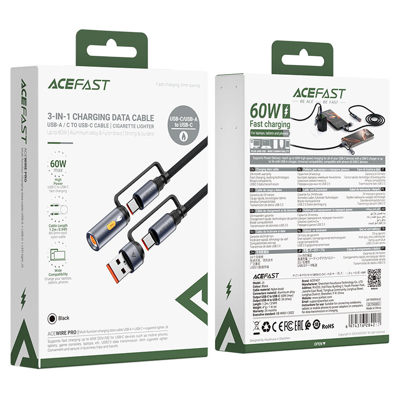 Data- og ladekabel USB-C / USB-A - USB-C / Elektrisk lighter Acefast J6, 60W, 1.2m, Svart