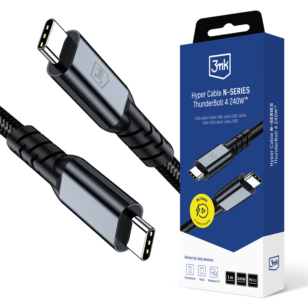 USB-C Data- og ladekabel - USB-C 3MK Hyper N Thunderbolt 4, 240W, 1m, Svart