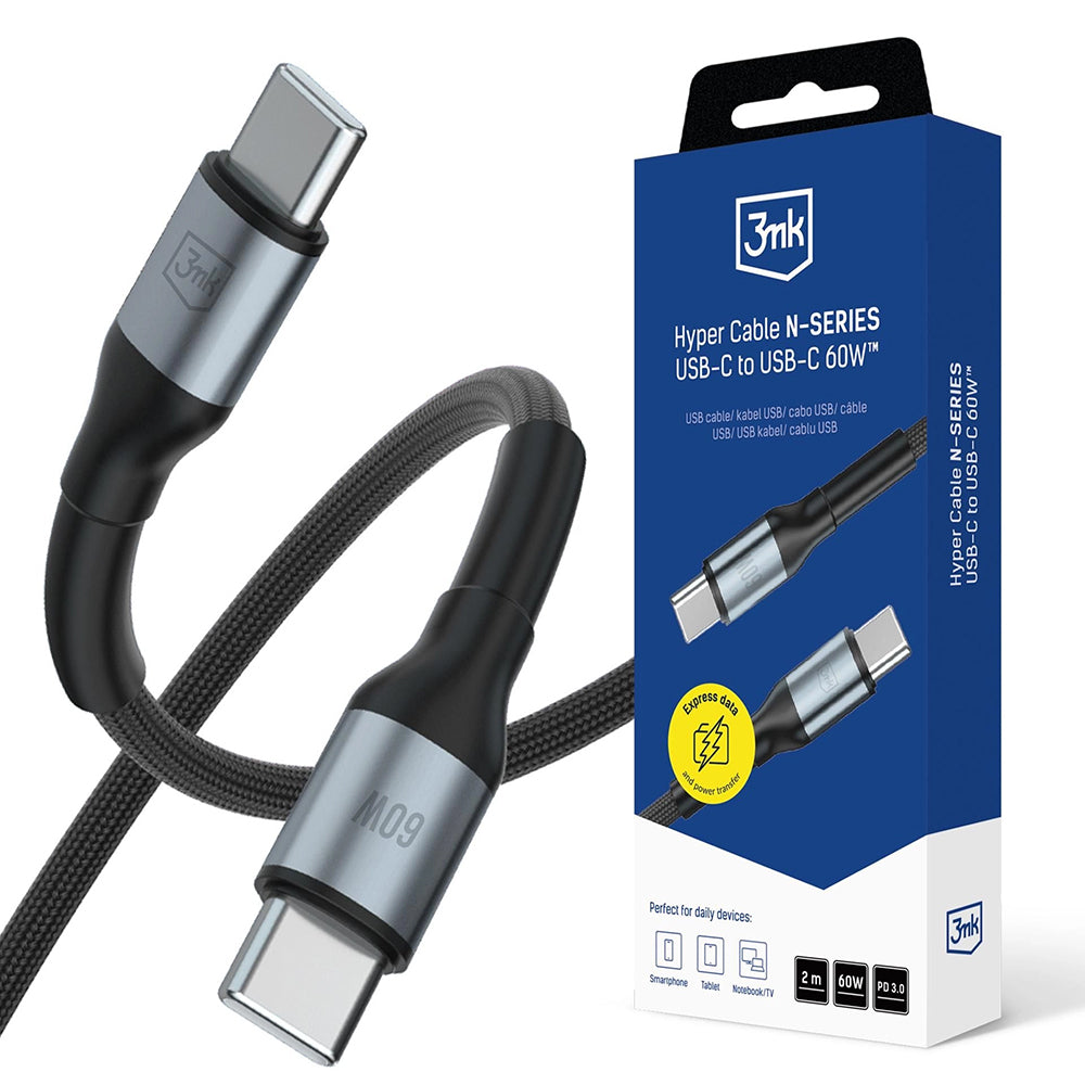 USB-C data- og ladekabel - USB-C 3MK Hyper N, 60W, 2m, Svart