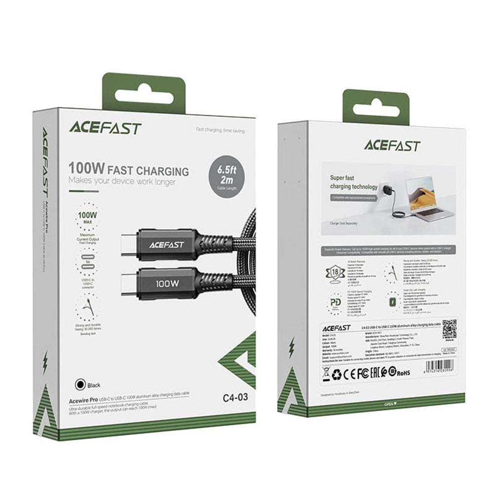 Data- og ladekabel USB-C - USB-C Acefast C4-03, 100W, 2m, Svart