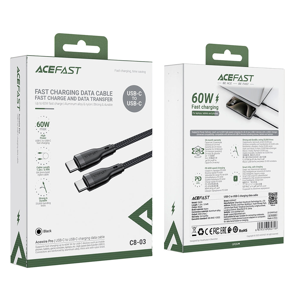 USB-C data- og ladekabel - USB-C Acefast C8-03, 60W, 1.2m, Svart