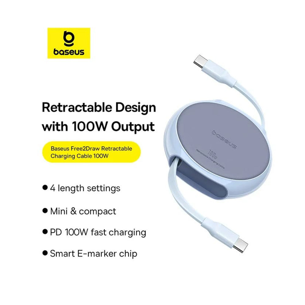 USB-C Data- og Ladekabel - USB-C Baseus Pathfinder Retractable, 100W, 1m, Blå P10368400311-00