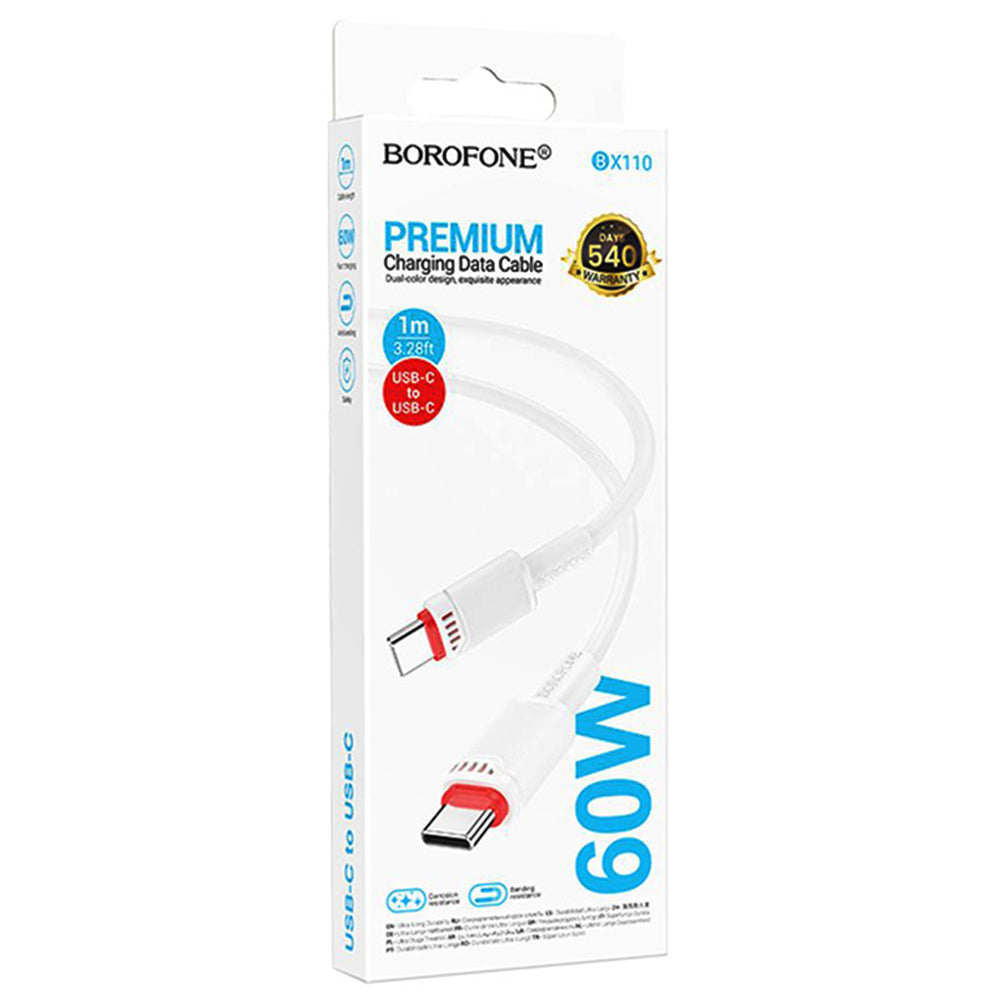 Data- og ladekabel USB-C - USB-C Borofone BX110 Beneficio, 60W, 1m, Hvit