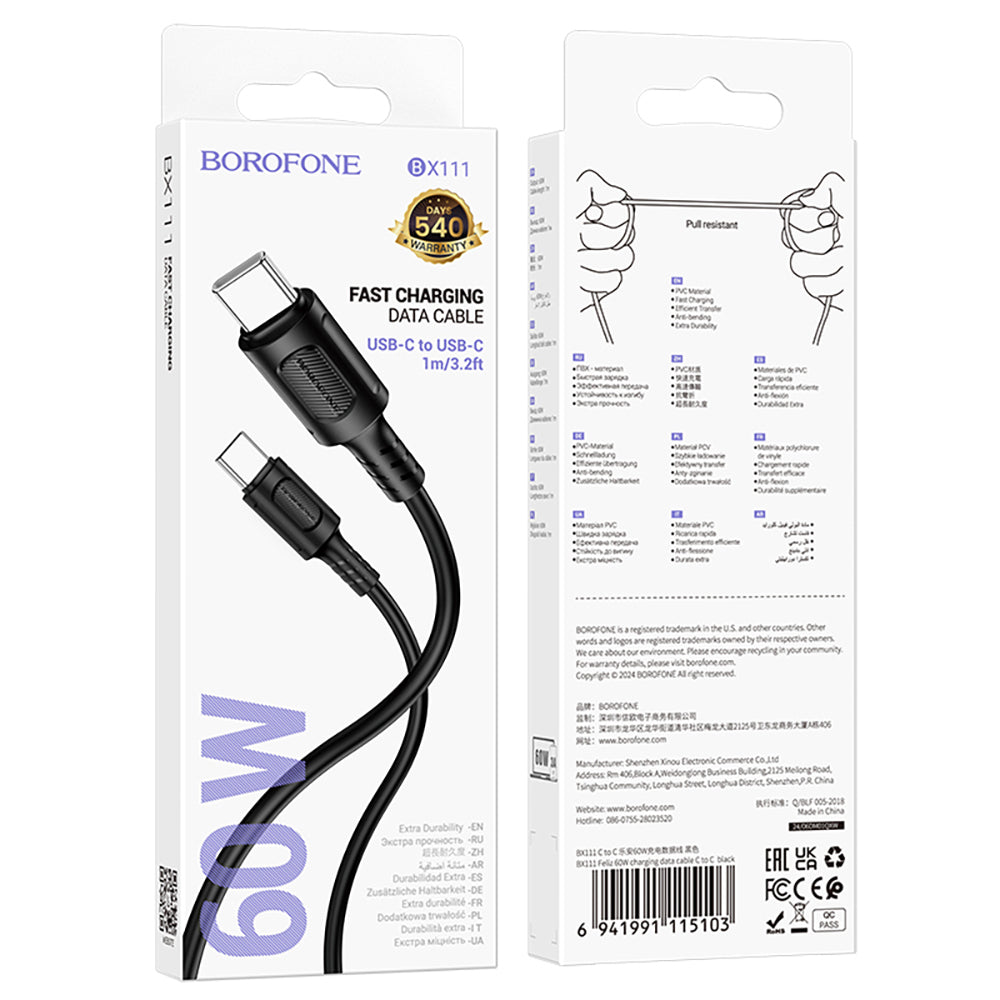 USB-C data- og ladekabel - USB-C Borofone BX111 Feliz, 60W, 1m, Svart