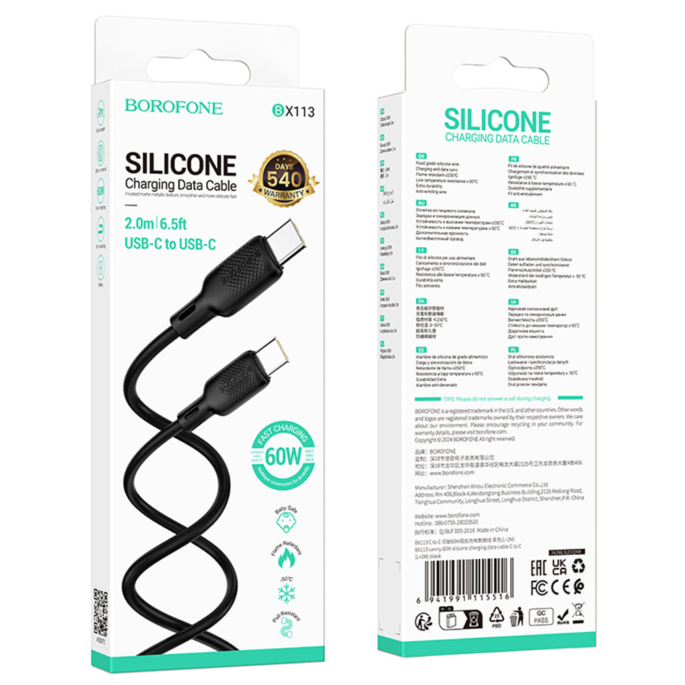 USB-C data- og ladekabel - USB-C Borofone BX113 Lenny, 60W, 2m, Svart