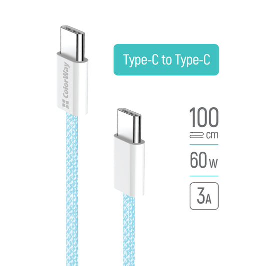 USB-C data- og ladekabel - USB-C ColorWay CW-CBPDCC061, 60W, 1m, Blå