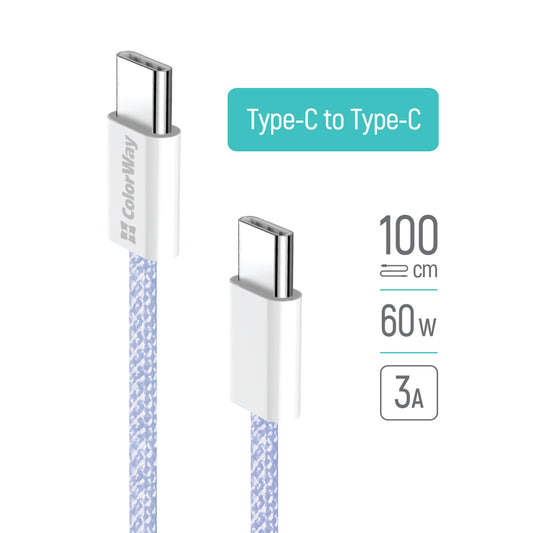 USB-C data- og ladekabel - USB-C ColorWay CW-CBPDCC061, 60W, 1m, Lilla