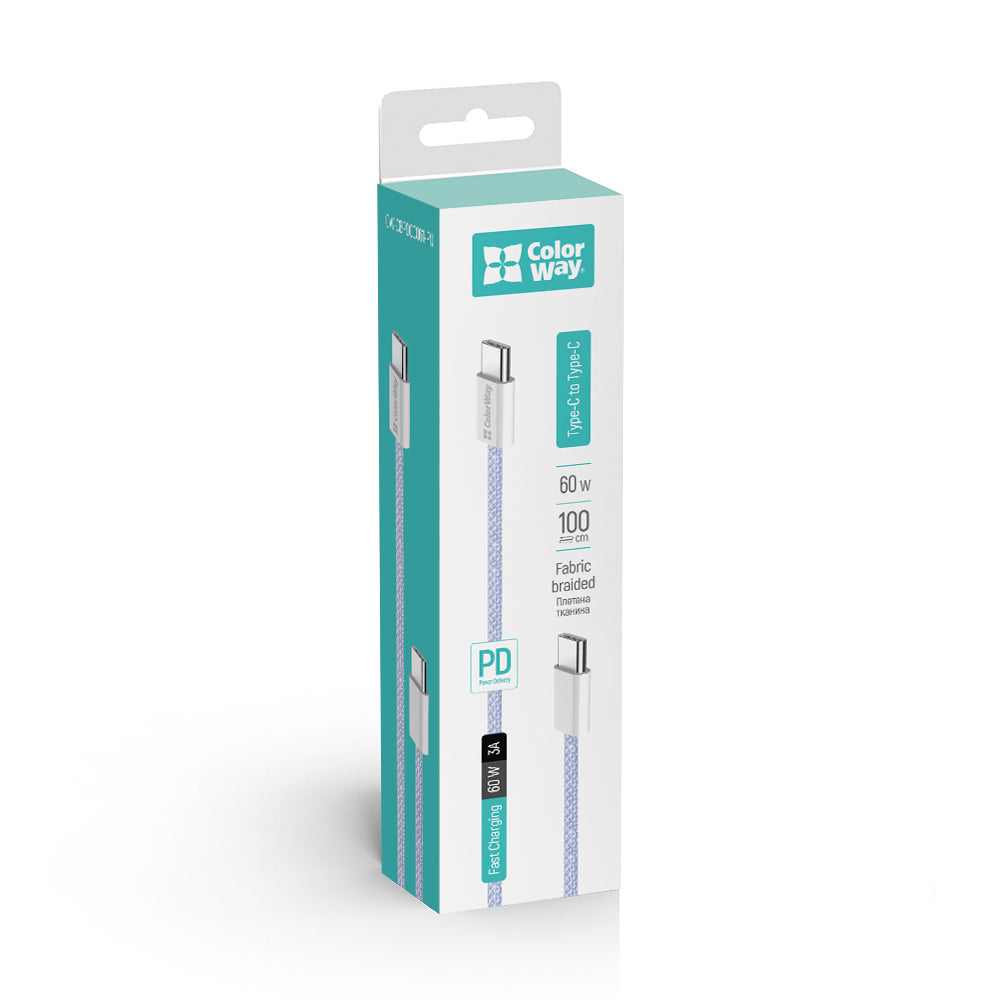 USB-C data- og ladekabel - USB-C ColorWay CW-CBPDCC061, 60W, 1m, Lilla