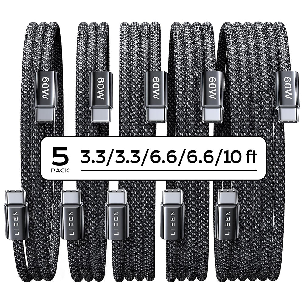 USB-C data- og ladekabel - USB-C Lisen, 60W, sett med 5 stykker (2 x 1m, 2 x 2m, 1 x 3m), Svart YL0123070010