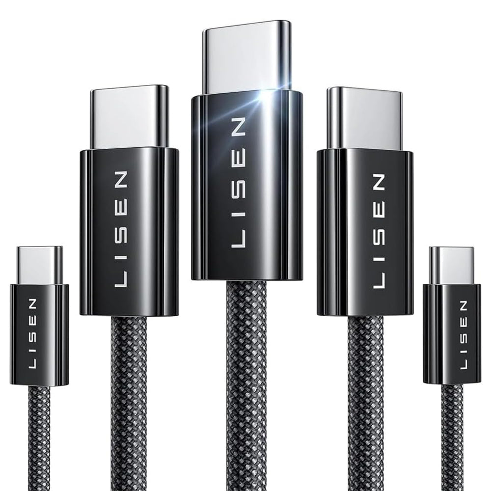 USB-C data- og ladekabel - USB-C Lisen, 60W, sett med 5 stykker (2 x 1m, 2 x 2m, 1 x 3m), Svart YL0123070010