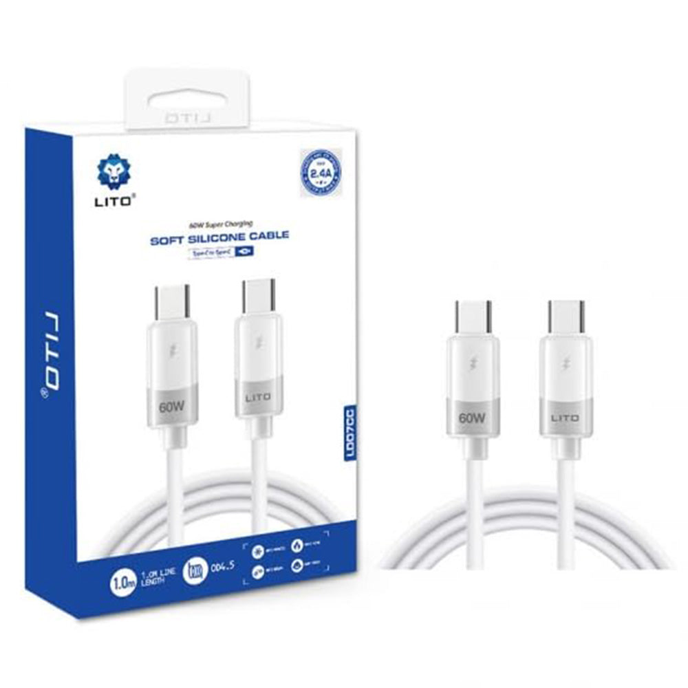 Data- og ladekabel USB-C - USB-C Lito LD07, 60W, 1m, Hvit