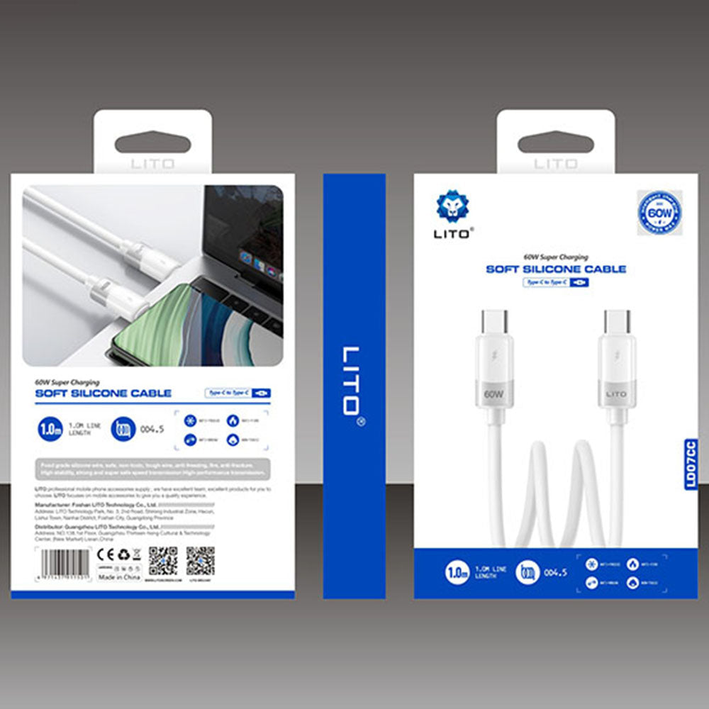 Data- og ladekabel USB-C - USB-C Lito LD07, 60W, 1m, Hvit