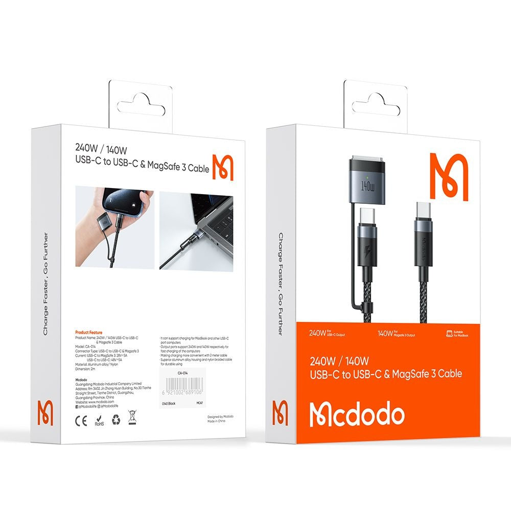 McDodo CA-0140 Ladekabel, USB-C - USB-C / MagSafe 3, 240W, 2m, Svart