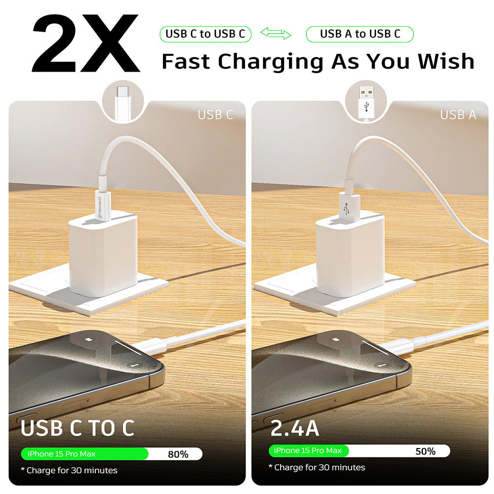 USB-C data- og ladekabel - USB-C Techsuit PCB130, 60W, 1m, Hvit