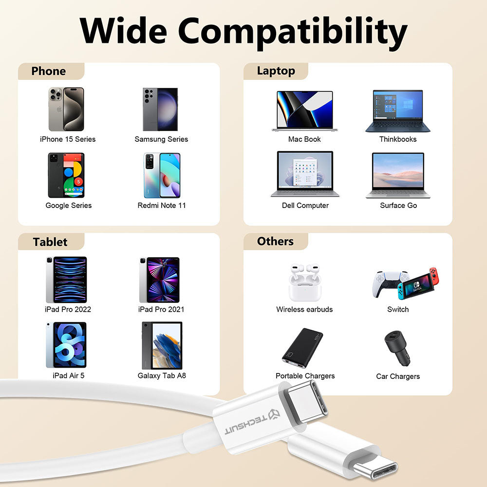 USB-C data- og ladekabel - USB-C Techsuit PCB130, 60W, 1m, Hvit