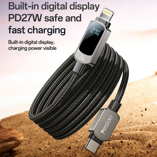 USB-C til USB-C data- og ladekabel Yesido CA180 Display, 27W, 1.2m, Svart