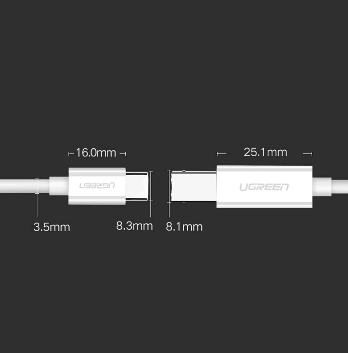 UGREEN US241 skriverkabel, USB-C - USB-B, 1.5m, Hvit