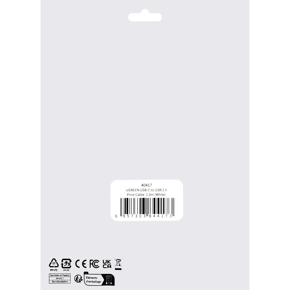 UGREEN US241 skriverkabel, USB-C - USB-B, 1.5m, Hvit