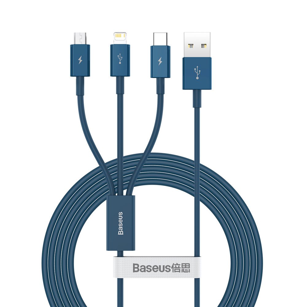 USB-A - Lightning / microUSB / USB-C Baseus Superior 3in1 Series ladekabel, 20W, 1.5m, Blå CAMLTYS-03