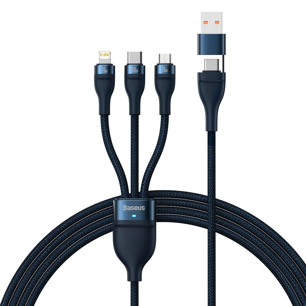 USB-C / USB-A ladekabel - Lightning / microUSB / USB-C Baseus Flash Series II, 100W, 1,2m, Marineblå CASS030103