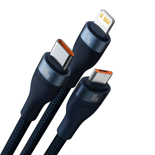 USB-C / USB-A ladekabel - Lightning / microUSB / USB-C Baseus Flash Series II, 100W, 1,2m, Marineblå CASS030103