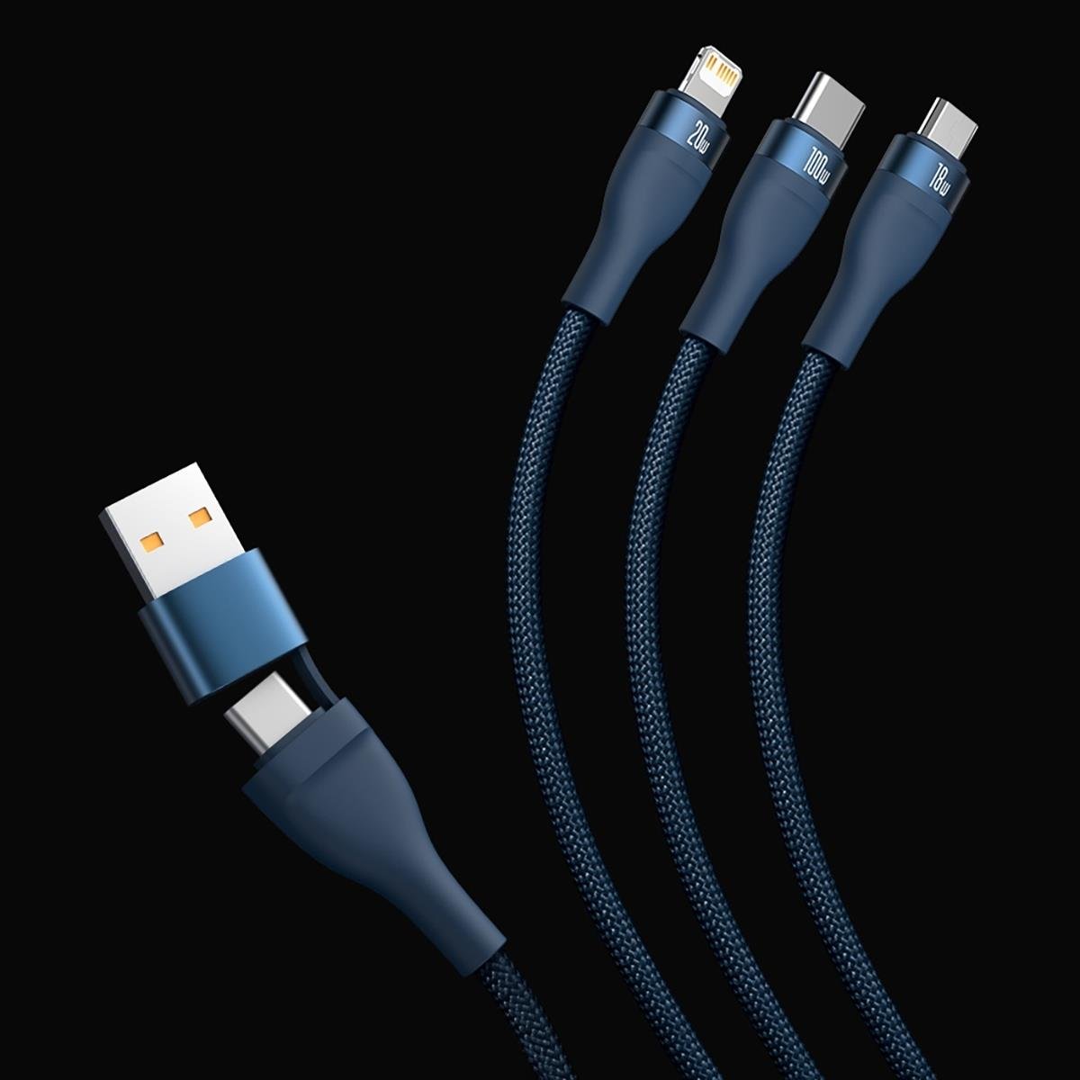 USB-C / USB-A ladekabel - Lightning / microUSB / USB-C Baseus Flash Series II, 100W, 1,2m, Marineblå CASS030103