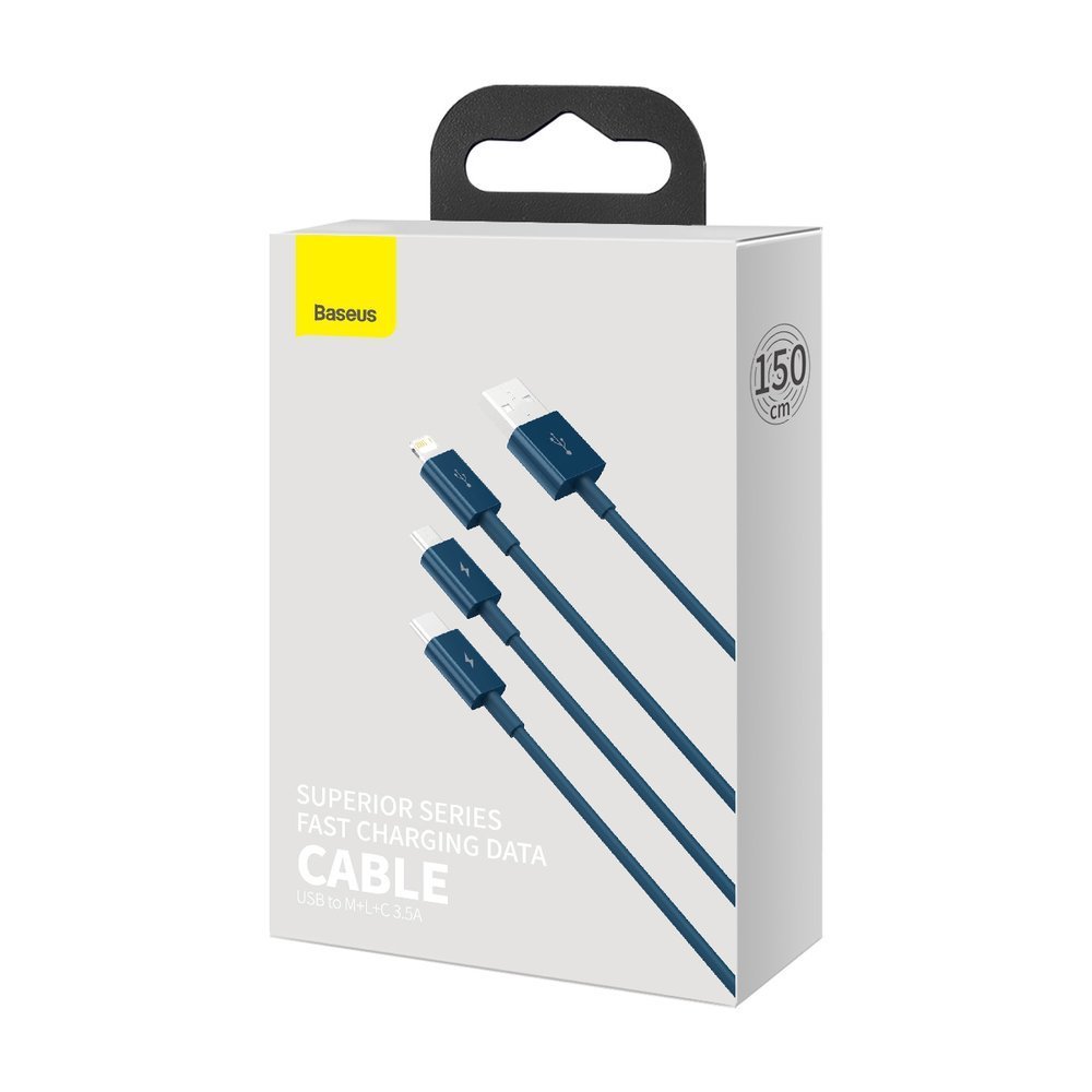 USB-A - Lightning / microUSB / USB-C Baseus Superior 3in1 Series ladekabel, 20W, 1.5m, Blå CAMLTYS-03