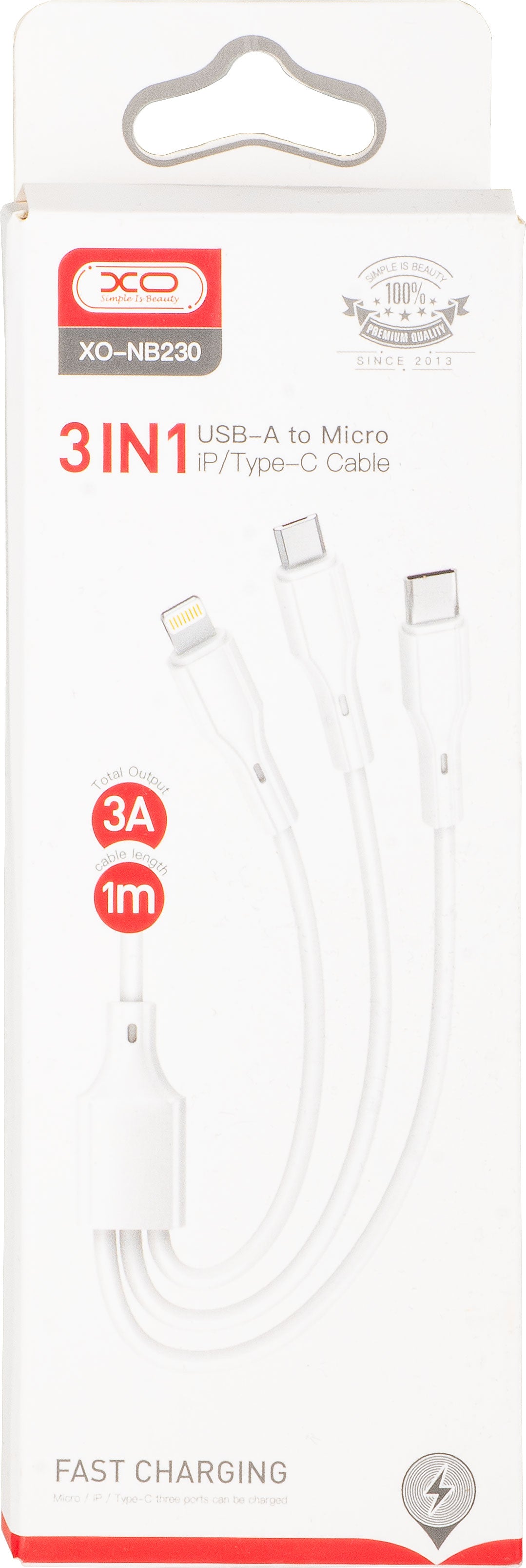 Ladekabel USB-A - Lightning / microUSB / USB-C XO Design NB230 3in1, 20W, 1m, Hvit