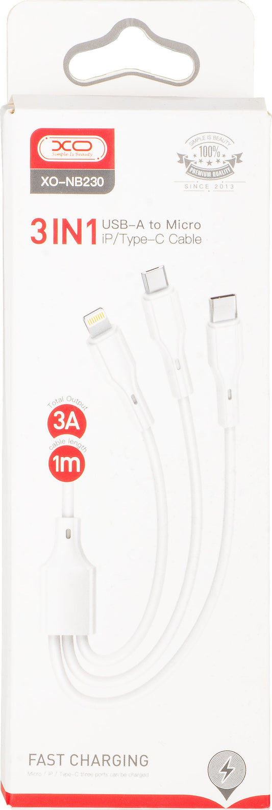 Ladekabel USB-A - Lightning / microUSB / USB-C XO Design NB230 3in1, 20W, 1m, Hvit