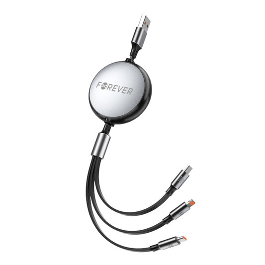 USB-A til Lightning / 2 x USB-C Forever 3in1 ladekabel, 100 W, 1,2 m, svart