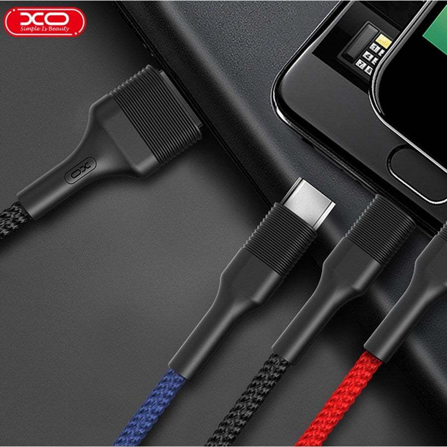 USB-A - Lightning / microUSB / USB-C Ladekabel XO Design NB54, 18W, 1.2m, Flerfarget