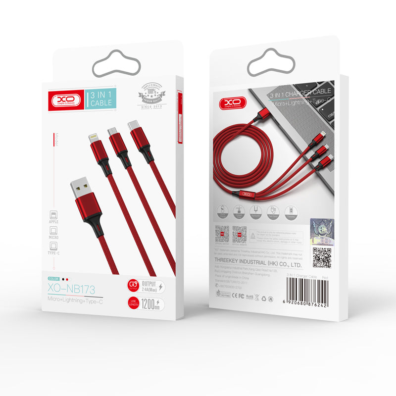 Ladekabel USB-A - Lightning / microUSB / USB-C XO Design NB173 3in1, 18W, 1.2m, Rød