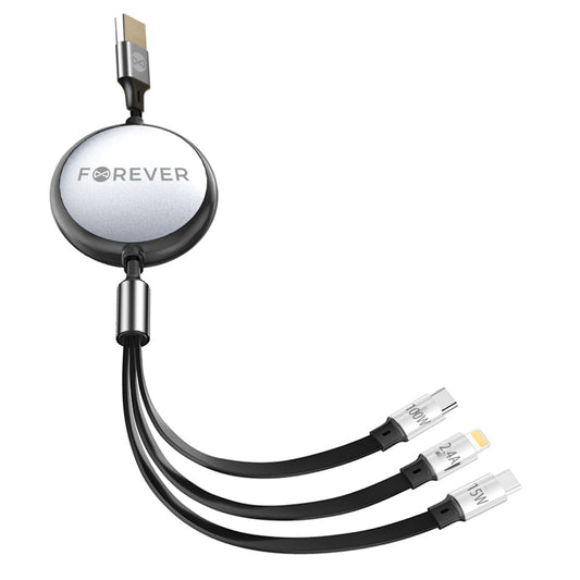 USB-A til Lightning / 2 x USB-C Forever 3in1 ladekabel, 100 W, 1,2 m, svart
