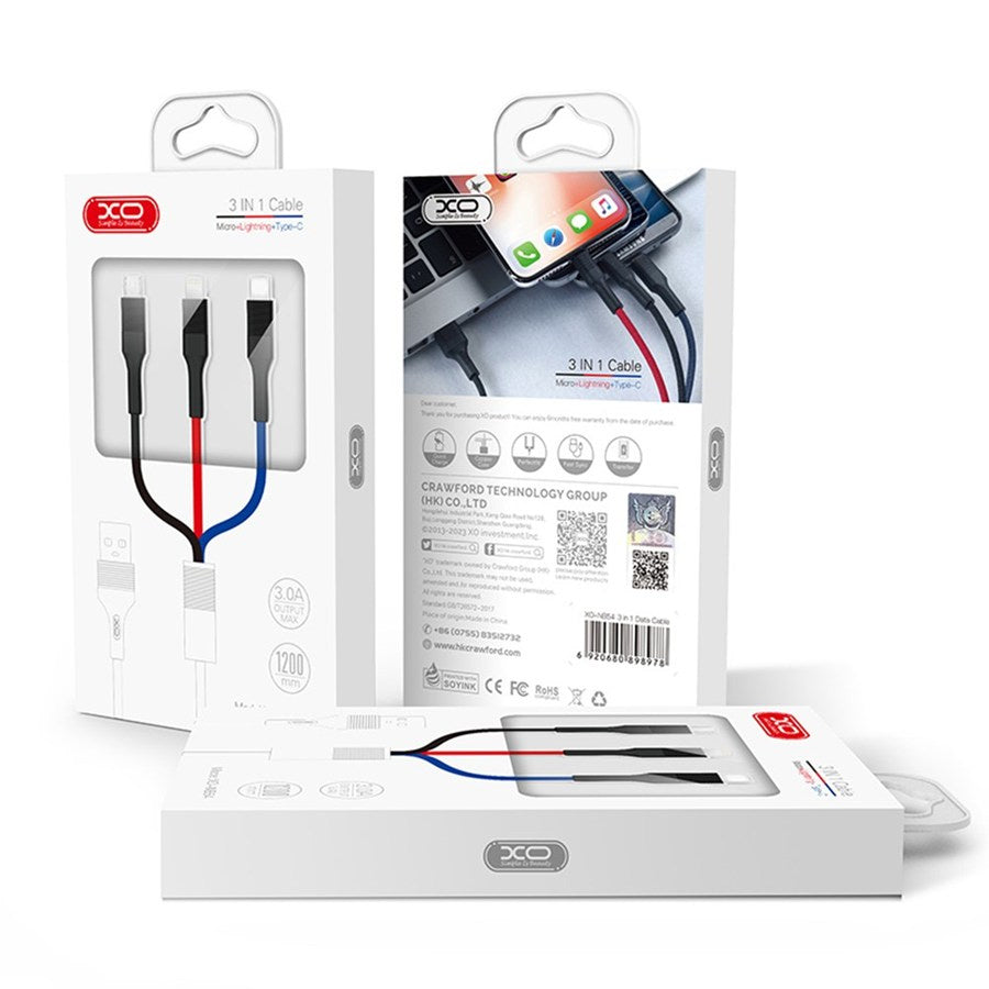 USB-A - Lightning / microUSB / USB-C Ladekabel XO Design NB54, 18W, 1.2m, Flerfarget