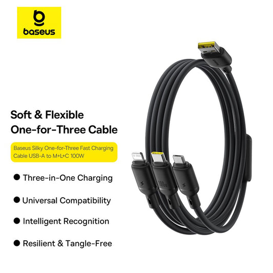 USB-A - Lightning / microUSB / USB-C Baseus Silky 3in1 ladekabel, 100W, 1.5m, Svart P10377705123-00