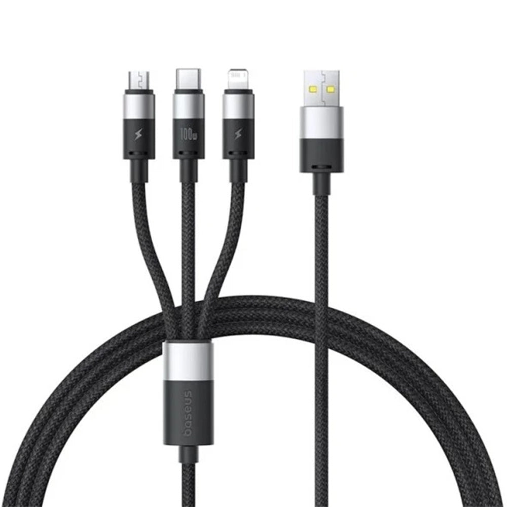 USB-A - Lightning / microUSB / USB-C Baseus StarSpeed 3in1 ladekabel, 100W, 1.5m, Svart P10319900111-01