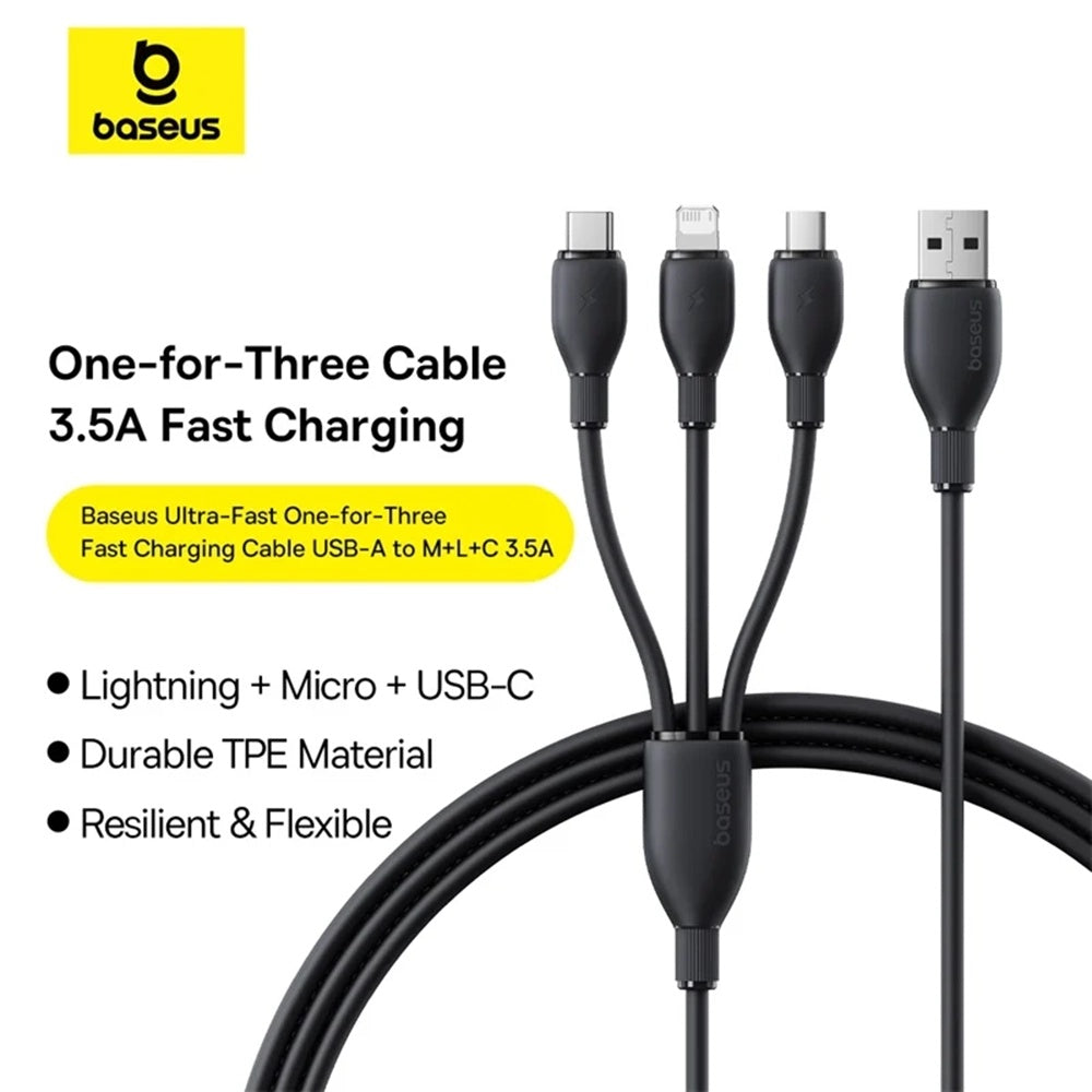 USB-A - Lightning / microUSB / USB-C Baseus Ultra Fast 3in1 ladekabel, 18W, 1.3m, Svart P10376303121-00