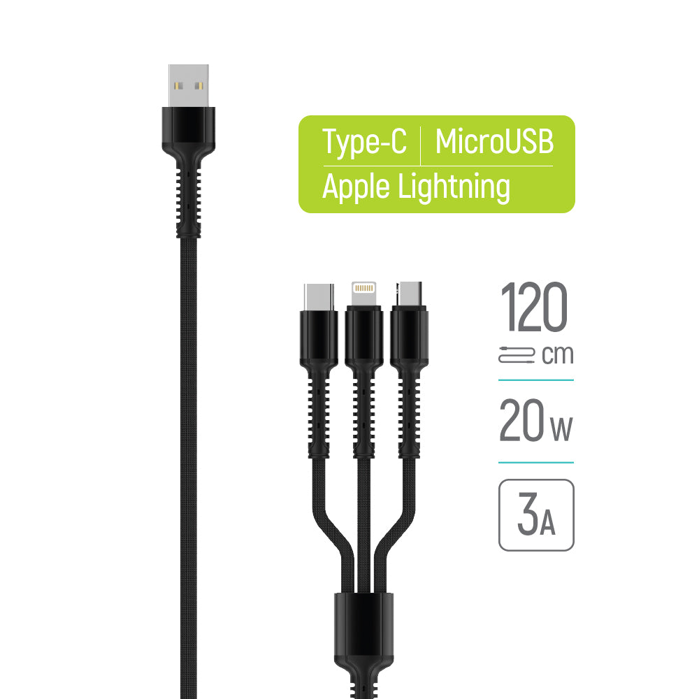 Ladekabel USB-A - Lightning / microUSB / USB-C ColorWay CW-CBU3003, 20W, 1.2m, Grå