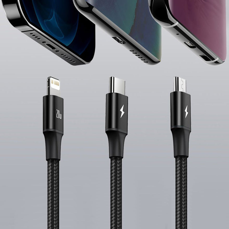 USB-C - Lightning / microUSB / USB-C Baseus Rapid 3in1 ladekabel, 20W, 1.5m, Svart CAMLT-SC01