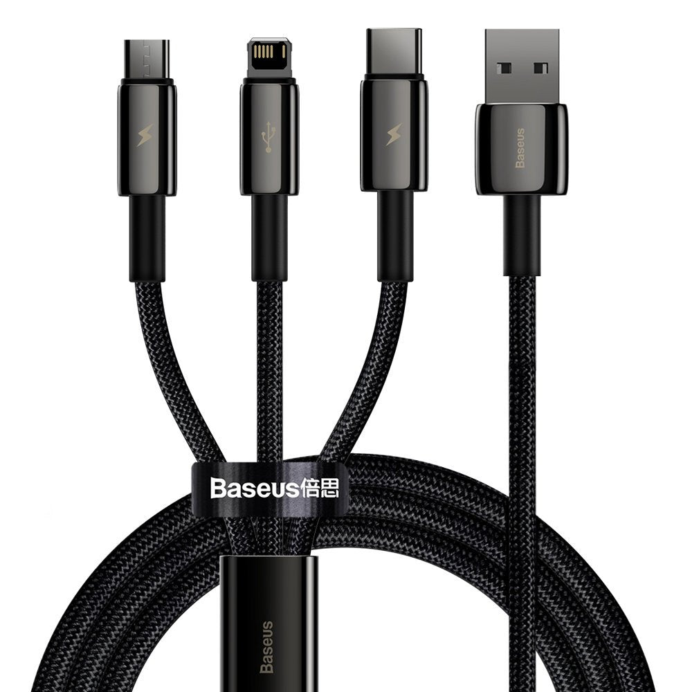 Ladekabel USB-A - Lightning / microUSB / USB-C Baseus Tungsten Gold 3in1, 18W, 1.5m, Svart CAMLTWJ-01