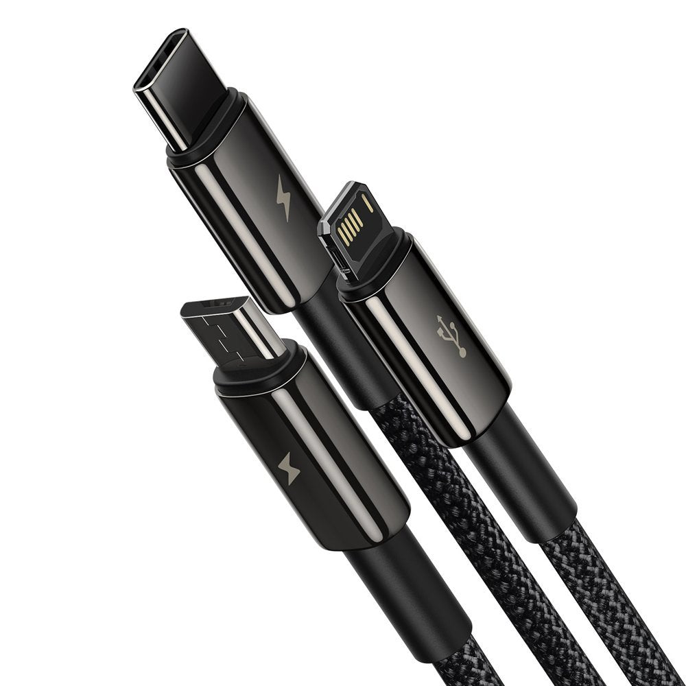 Ladekabel USB-A - Lightning / microUSB / USB-C Baseus Tungsten Gold 3in1, 18W, 1.5m, Svart CAMLTWJ-01
