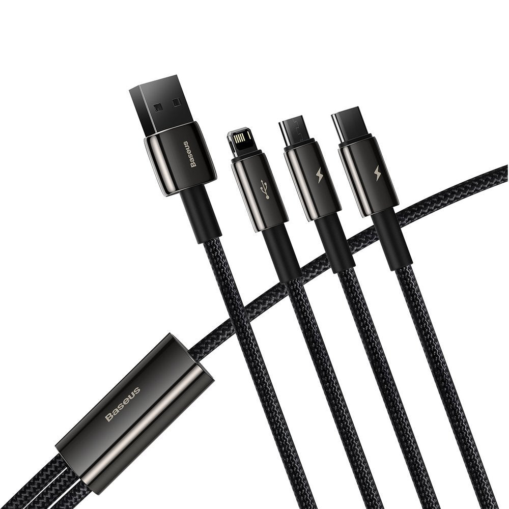 Ladekabel USB-A - Lightning / microUSB / USB-C Baseus Tungsten Gold 3in1, 18W, 1.5m, Svart CAMLTWJ-01
